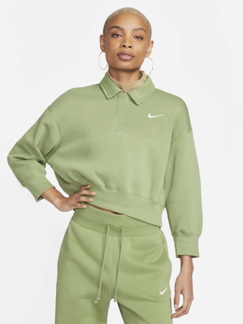 Nike Sportswear Phoenix Fleece Crop Polo Sweatshirt Women's Medium Sage Green - Picture 3 of 14